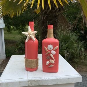 Decorative coral wine bottles.